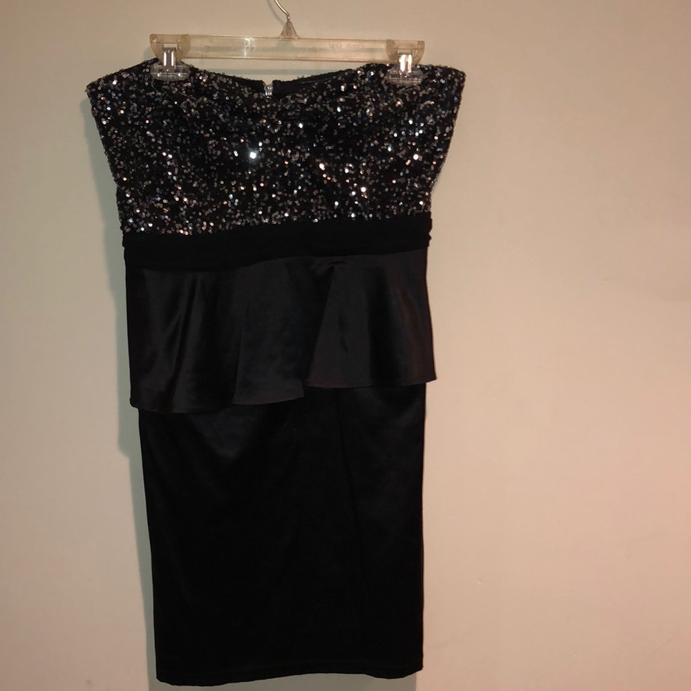 Black sequins and satin strapless dress